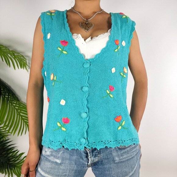 Womens Vintage 70s Blue Floral Embroidered Cottagecore Grandma Knit Vest / Small - Picture 4 of 6